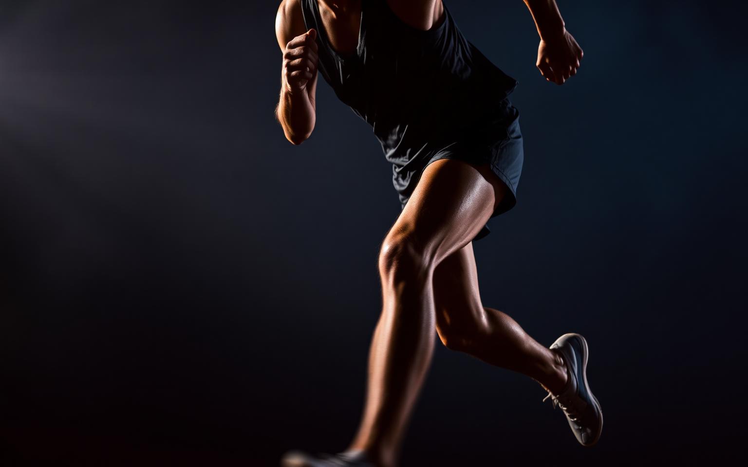 Atleta em corrida de alta intensidade sob luz cinematográfica